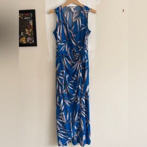 London Times Sleeveless Blue Floral Wrap Maxi Dress Women Size 4